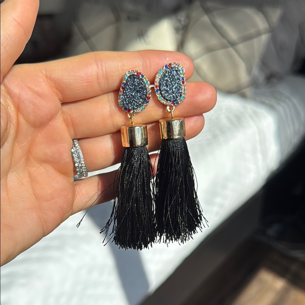 Black and Gold Tassel Earrings